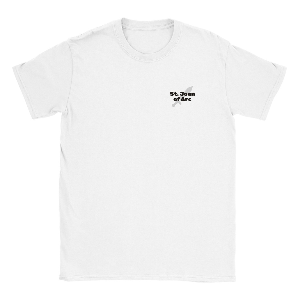 Graphic tee design featuring St. Joan of Arc's sword and shield with fleur-de-lis accents - Catholic streetwear.jpeg