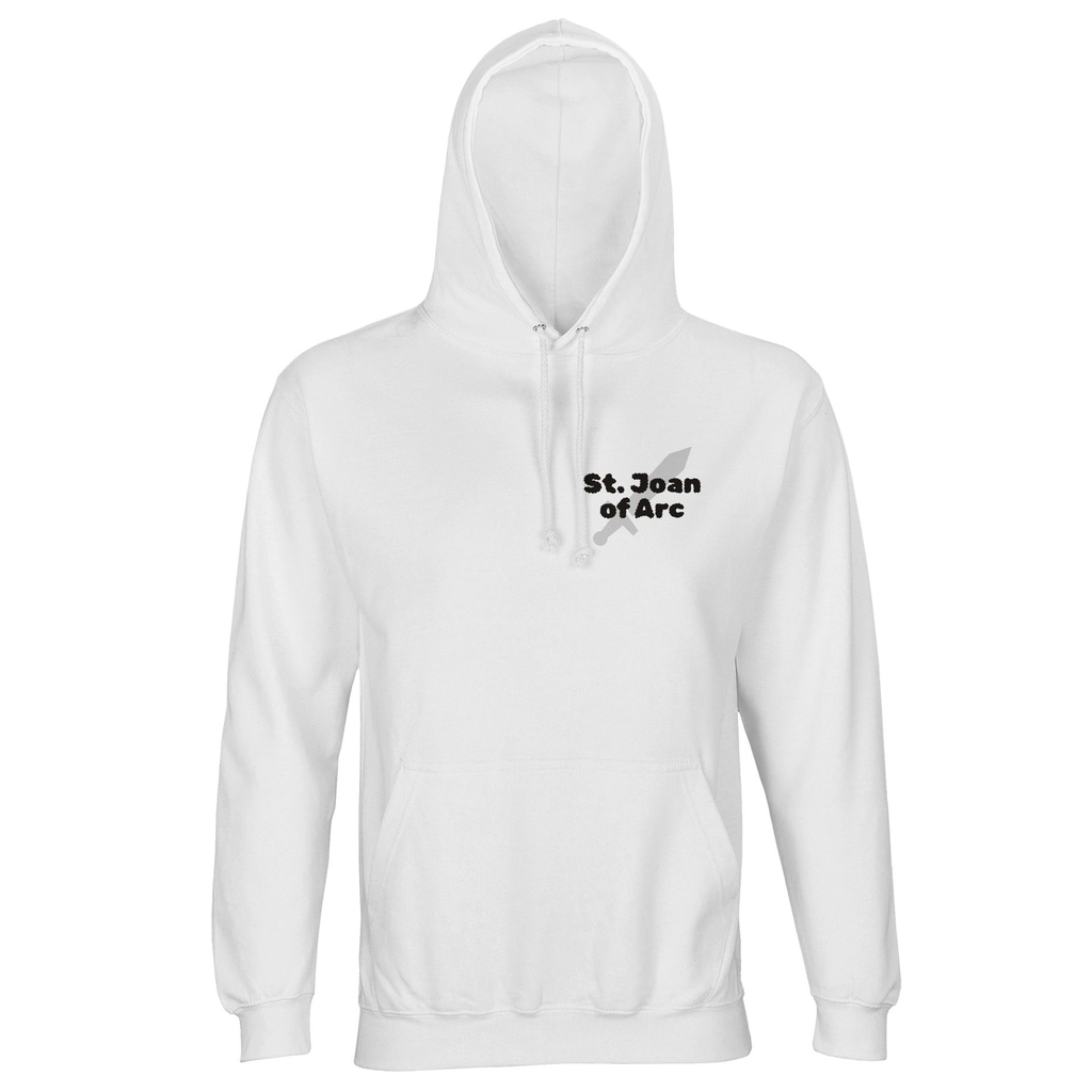Back view of black St. Joan of Arc hoodie featuring large sword and shield illustration - Catholic streetwear.webp