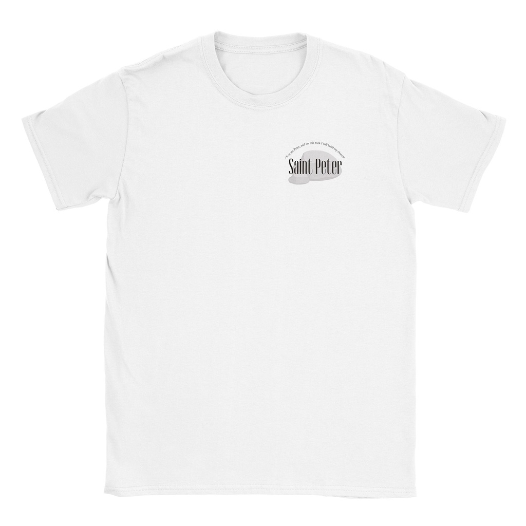 Illustration of Saint Peter holding the Keys to the Kingdom and a fisherman's net, back print on white hoodie - Catholic streetwear design.jpeg